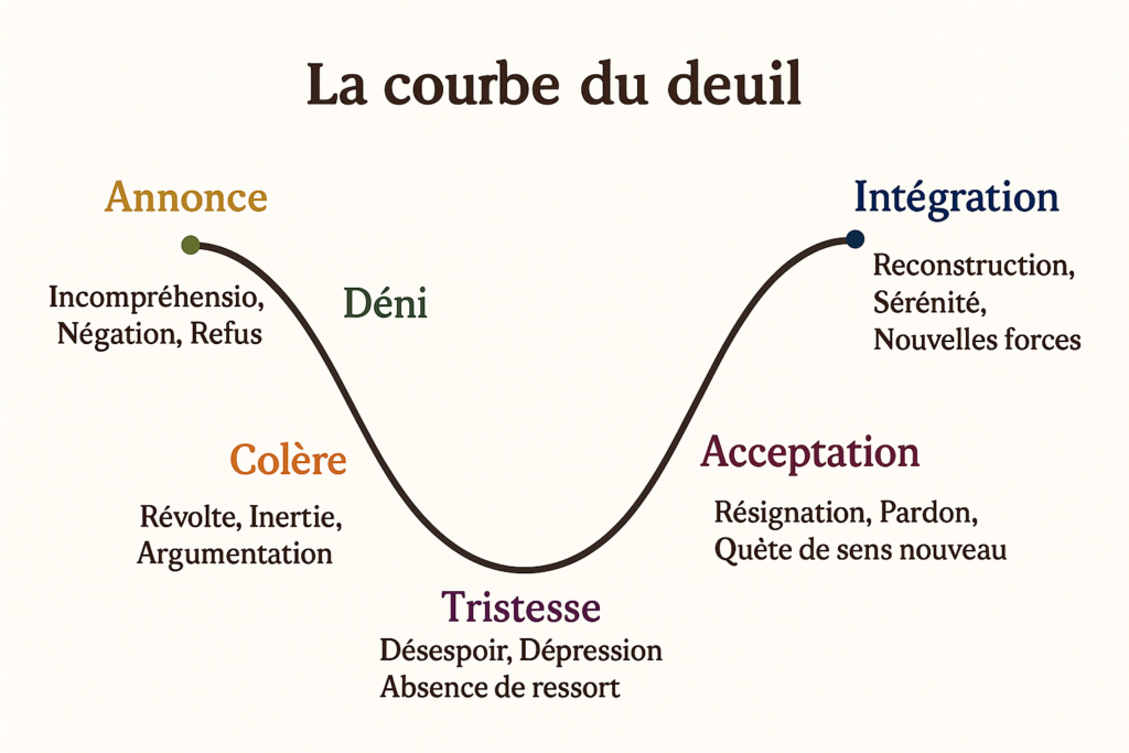 Illustration graphique intitulée « La courbe du deuil », montrant une courbe fluide représentant les étapes du deuil : annonce et déni, colère, tristesse, acceptation et intégration. Chaque étape est identifiée par une typographie élégante et des couleurs sobres, sur un fond clair, illustrant le chemin émotionnel allant du choc initial vers la reconstruction et la sérénité.