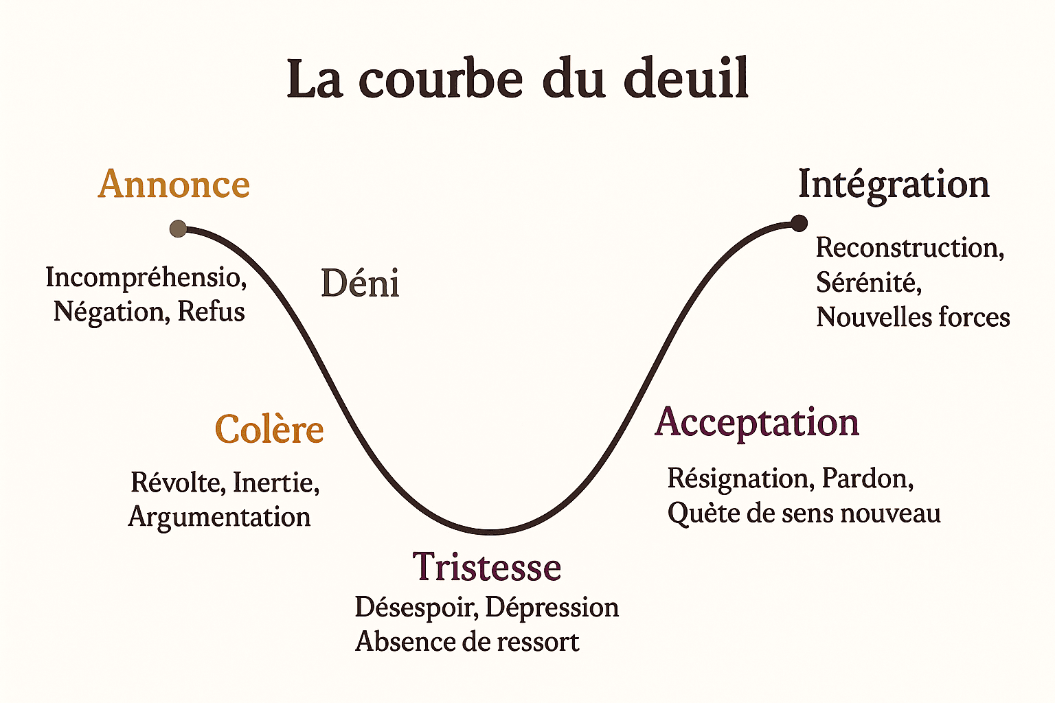 Illustration graphique intitulée « La courbe du deuil », montrant une courbe fluide représentant les étapes du deuil : annonce et déni, colère, tristesse, acceptation et intégration. Chaque étape est identifiée par une typographie élégante et des couleurs sobres, sur un fond clair, illustrant le chemin émotionnel allant du choc initial vers la reconstruction et la sérénité.