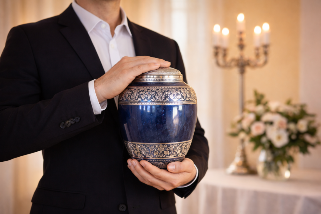Un homme vêtu d’un costume sombre tient avec respect une urne funéraire décorée, dans une atmosphère calme et lumineuse, illustrant la question : peut-on récupérer les cendres d’un défunt après une crémation.