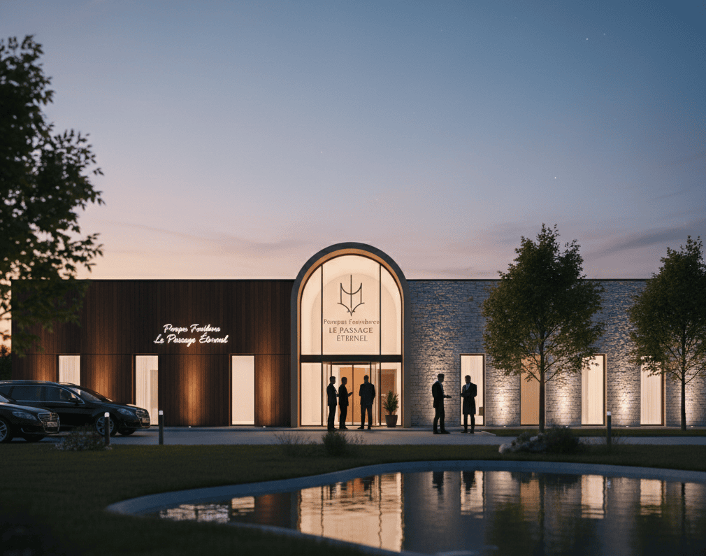 Façade d'une agence de pompes funèbres moderne avec architecture en bois et pierre, entourée de verdure sous un ciel clair de journée.