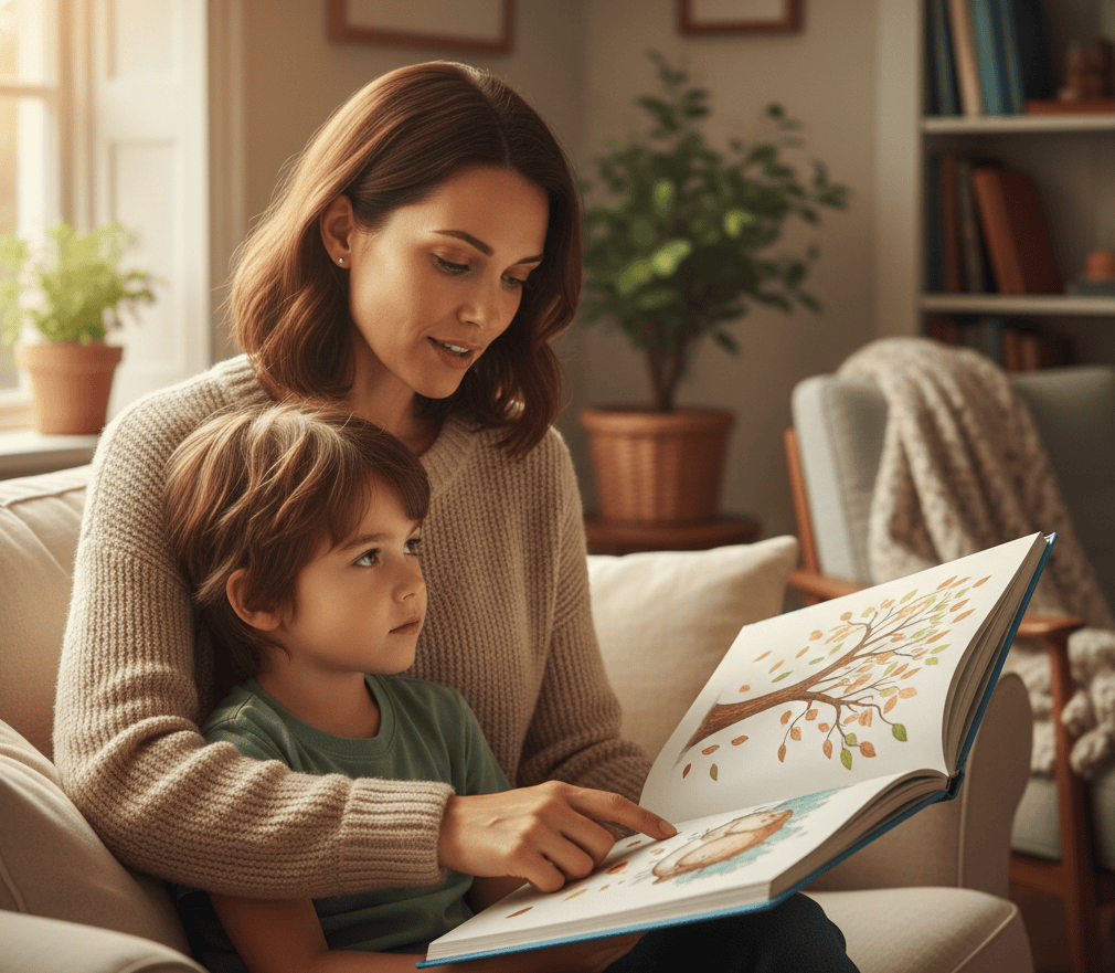 Une mère et son jeune fils assis confortablement dans un fauteuil, lisant ensemble un livre illustré dans une ambiance douce et apaisante pour aborder le deuil.